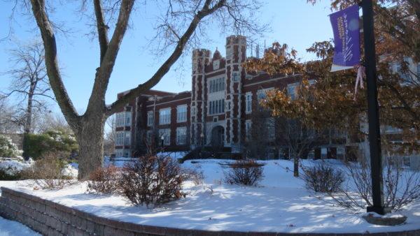 Pioneer Hall in snow from the side